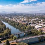 Corvallis, Oregon. Bridge crossing Willamette River. Drone image.
