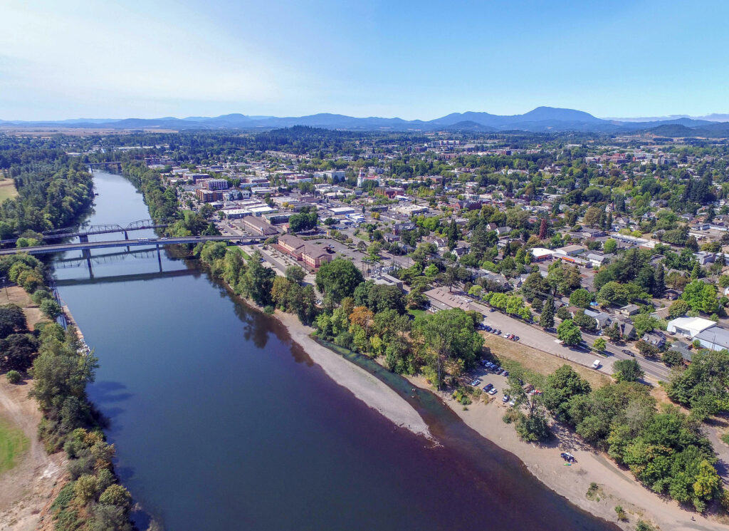 Decorative. A panoramic view of Benton County, including a view of Mary's Peak and the Willamette River.